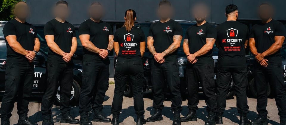 Das Team von AC Security vor den Einsatzfahrzeugen, Gesichter unkenntlich gemacht